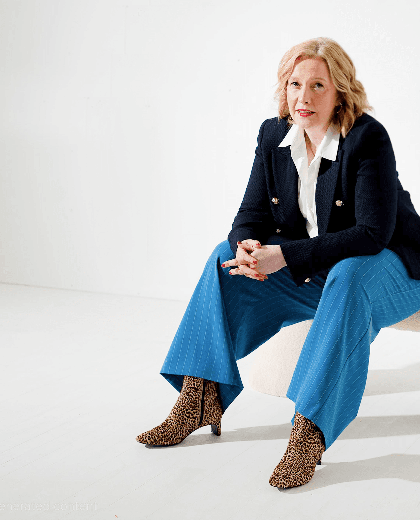 Rachel Power seated, wearing a navy blazer